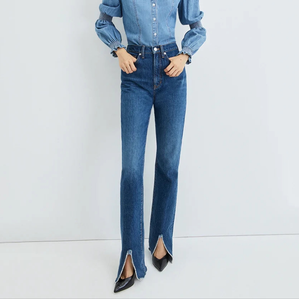 30 Veronica Beard Keane Long Straight Leg High Rise Slit Front Jeans